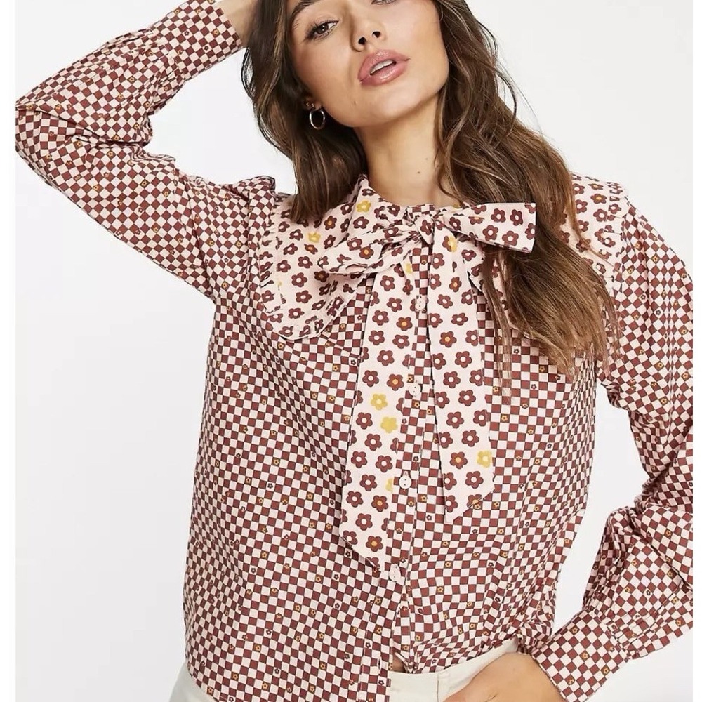 Neon Rose M Brown Pink Check Floral Oversized Collar Bow Blouse Cottagecore